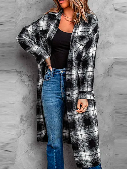 

Women Plaid Autumn Elegant Natural Woolen Cloth Mid-long H-Line Regular Shirt Collar Coat, Black, Outerwear