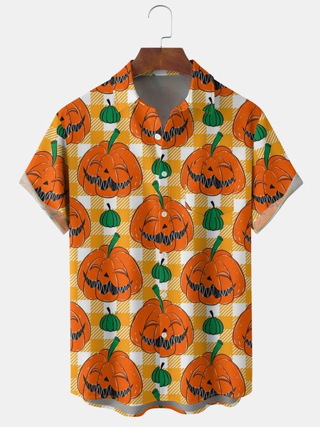 

Men's Halloween Pumpkin Graphic Print Short Sleeve Shirt, Yellow, Short Sleeve Shirts