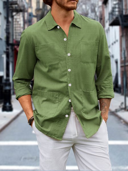 

Cotton Linen Plain Color Casual Long Sleeve Shirt, Green, Long Sleeve Shirts