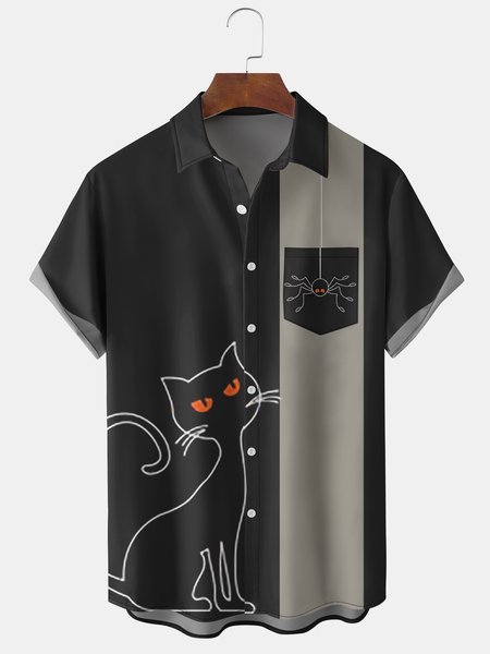 

Men's Halloween Elements Cat Graphic Print Short Sleeve Shirt, Black, Short Sleeve Shirts