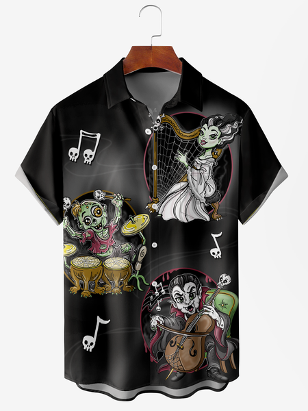 

Men's Halloween Witch Music Print Moisture Wicking Fabric Fashion Lapel Short Sleeve Shirts, Black, Short Sleeve Shirts