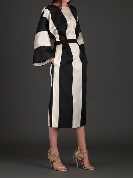 

Autumn Crew Neck Long sleeve H-Line Elegant Striped Dress, Stripe, Midi Dresses