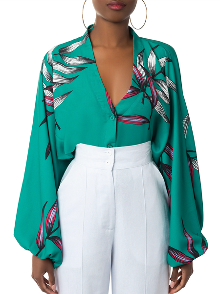 

Autumn V neck H-Line Long sleeve Daily Floral Blouse, Green, Blouses and Shirts