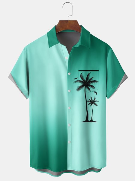 

Men's New Gradient Coconut Tree Print Casual Breathable Hawaiian Short Sleeve Shirt, Green, Short Sleeve Shirts