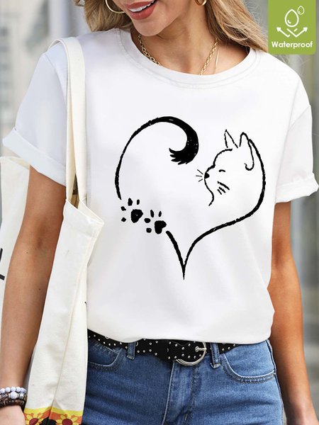 

Women Cat Waterproof Oilproof Stainproof Fabric Crew Neck Casual T-Shirt, White, T-shirts