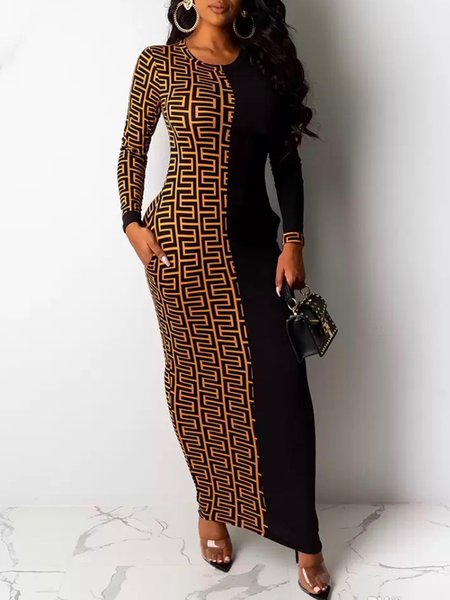 

Urban Crew Neck Split Joint Text Letters Printed Dress, As picture, Midi Dresses