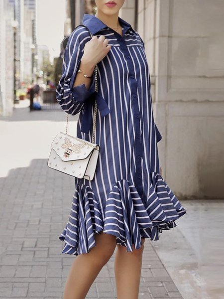 

Urban Striped Shirt Collar Loose Knee Dress, Stripe-blue, Midi Dresses