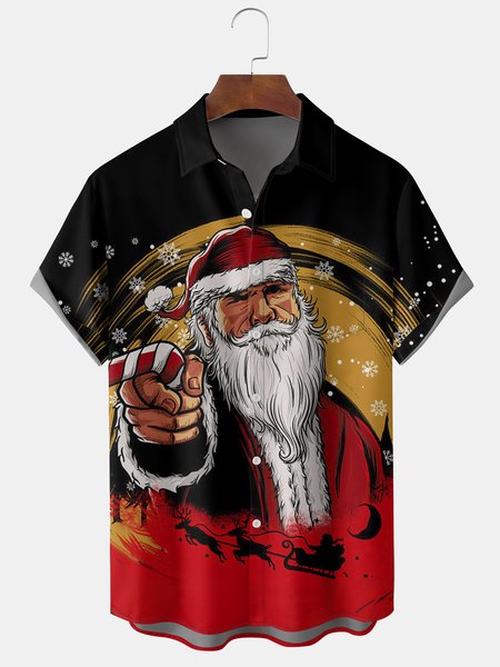 

Men's Santa Print Casual Short Sleeve Shirt with Breast Pocket, Black, Short Sleeve Shirts