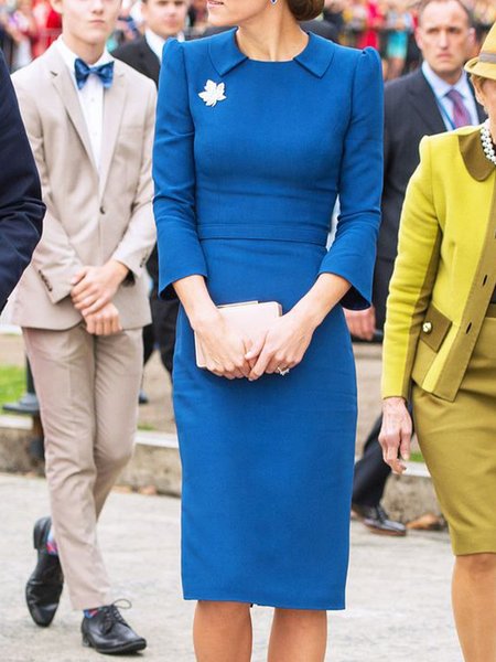 

Elegant Formal Shawl Collar Plain Three Quarter Midi Dress, Blue, Midi Dresses