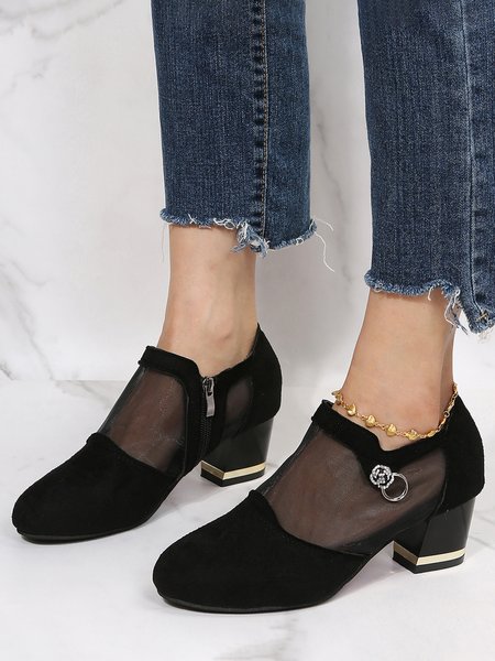 

Elegant Black Mesh Breathable Patchwork Chunky Heels, Heels