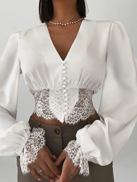 

Autumn V neck Elegant Lantern Sleeve Lace Patch Buttoned Top Blouse, White, Blouses and Shirts