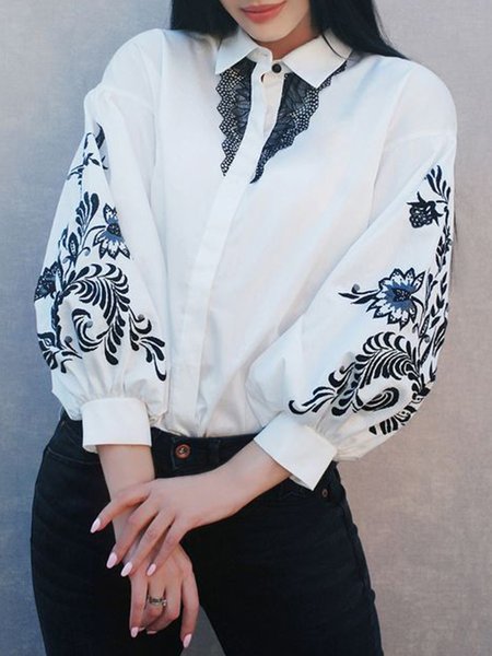 

Elegant Shirt Collar Long Sleeve Floral Printed Blouse, White, Blouses and Shirts