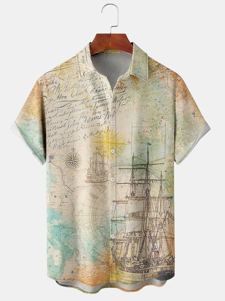 

Mens Sailing Boat Map Print Front Buttons Soft Breathable Chest Pocket Casual Hawaiian Shirt, Khaki, Short Sleeve Shirts