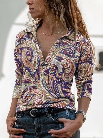 

Shawl Collar Paisley Long Sleeve Tops, Multicolor, Shirts & Blouses