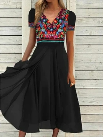 

Floral Casual V Neck Loose Dresses, Black, Dresses