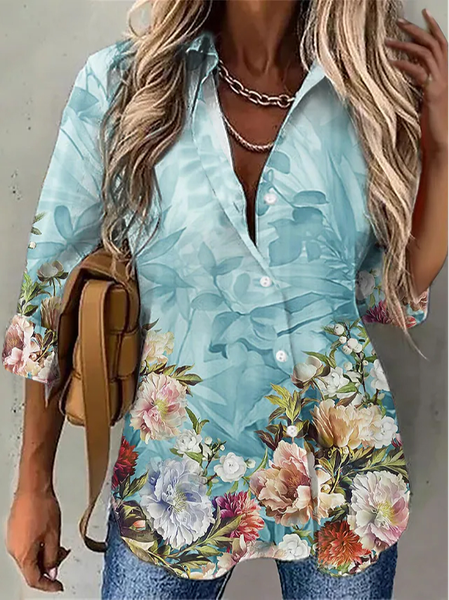 

Women's Daily Weekend Floral Blouse Shirt Floral Long Sleeve Button Print Shirt Collar Casual Streetwear Tops, Blue, Shirts & Blouses