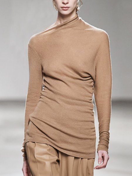 

Asymmetrical Simple Long Sleeve Plain Sweater, Camel, Sweaters