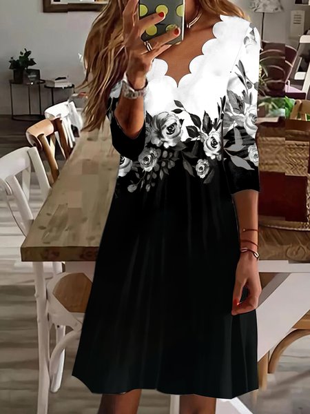 

JFN V Neck Casual Contrast Floral Design Long Sleeve Knit Dress, Black, Dresses