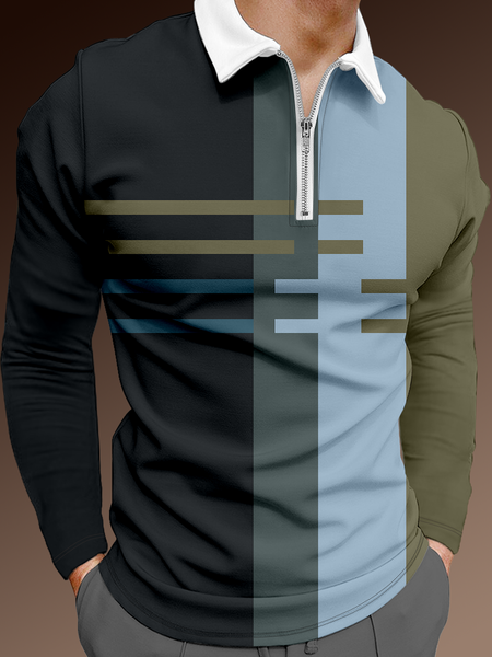 

Casual Art Collection Geometric Stripes Color Block Pattern Lapel Long Sleeve Polo Print Top, Black, Men's t-shirts