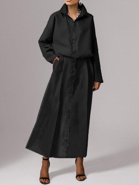 

Simple Shirt Collar Loosen Plain Daily Dress, Black, Maxi Dresses