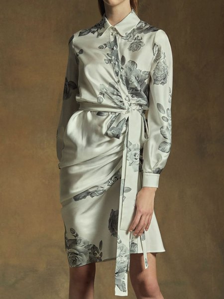 

Floral Daily Long sleeve Regular Fit Elegant Dress, White, Midi Dresses
