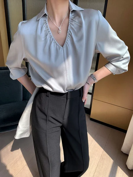 

Shirt Collar Daily Long sleeve Plain Regular Fit Urban Top, Gray, Blouses and Shirts