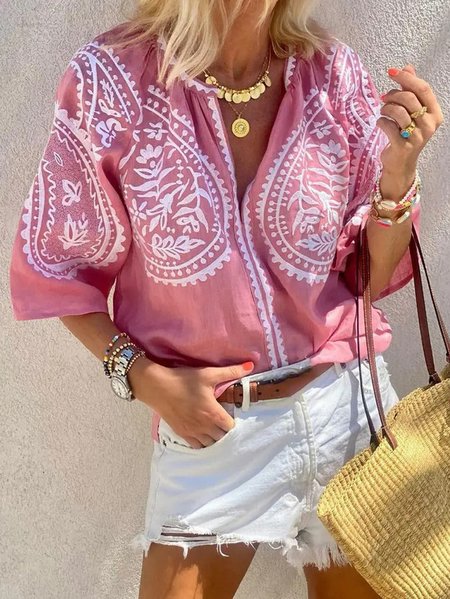 Geometric V Neck Regular Fit Tops, Pink, Shirts & Blouses
