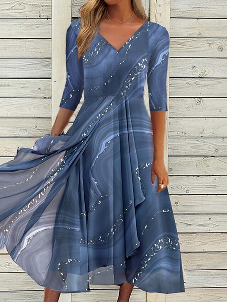

JFN V Neck Casual Asymmetric Geometric Ombre Midi Prom Dress, Blue, Formal Dresses