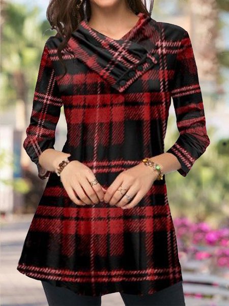 

V Neck Plaid Buttoned Tops, Red, Tunics