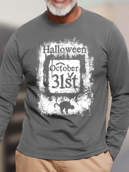

Men Halloween Bats Cat Letters Cotton Crew Neck Loose T-Shirt, Gray, Long Sleeves