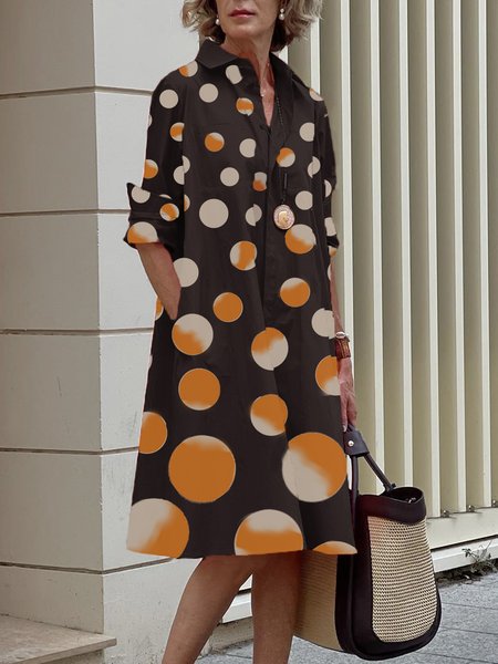 

Urban Shirt Collar Polka Dots Midi Dress, Black, Midi Dresses