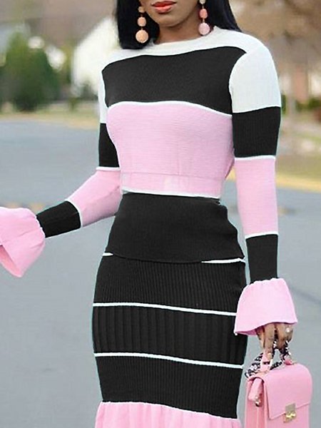 

Ruffled Sleeves Striped Crew Neck Sweater, Pink, Pullovers