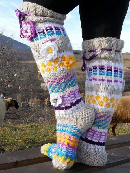 

Casual Comfort Gradient Striped Floral Hand Knit Floor Socks Home Stockings, As picture, Socks