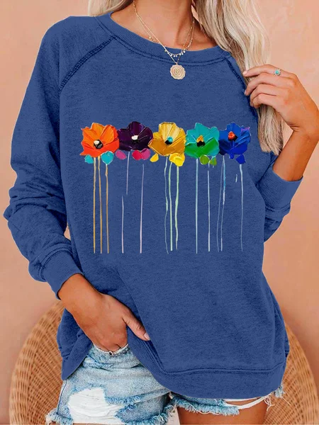 

Women Funny Abstract Flower Crew Neck Loose Sweatshirt, Blue, Hoodies&Sweatshirts
