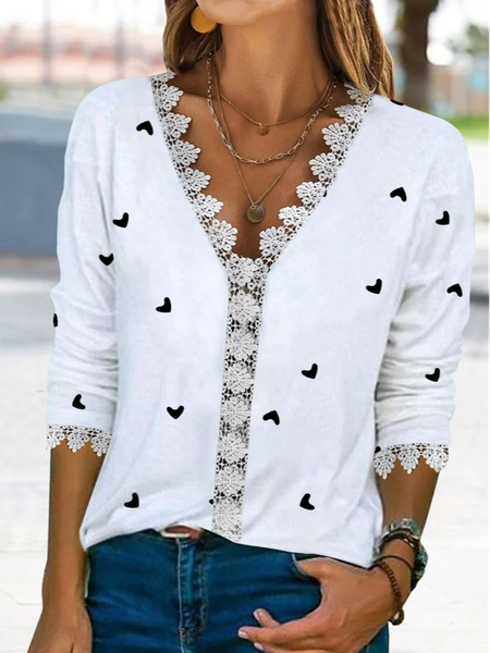 

Casual V Neck Heart/Cordate Lace T-Shirt, White, T-Shirts