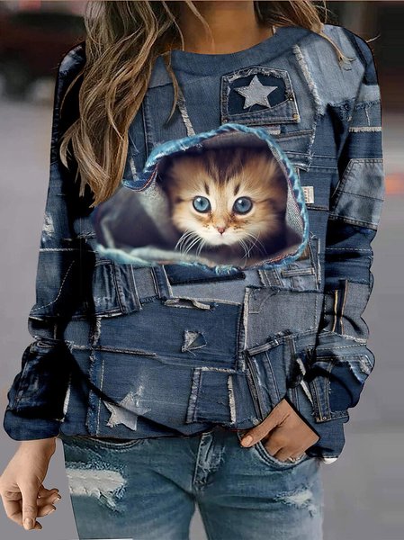 

Casual Crew Neck Animal Sweatshirt, Blue, Sweatshirts & Hoodies