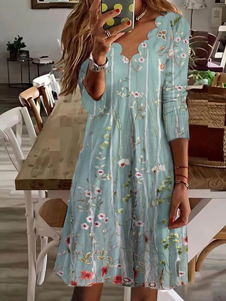 

Casual Floral Design V-Neck Long Sleeve Knit Dress, Green, Dresses