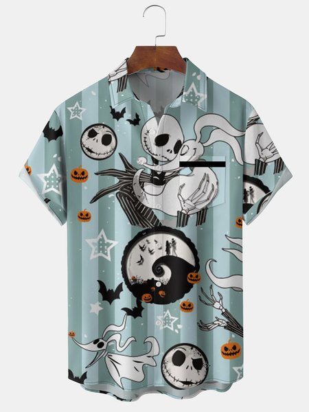 

Mens Halloween Print Front Buttons Soft Breathable Chest Pocket Casual Hawaiian Shirts, Blue, Men's Floral shirt