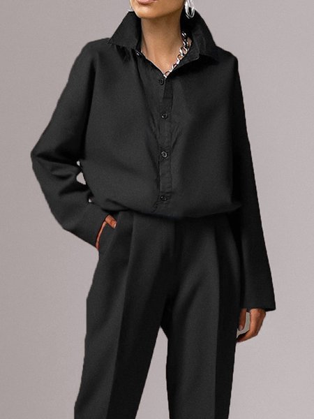 

Shirt Collar Plain Loosen Daily Blouse, Black, Blouses and Shirts