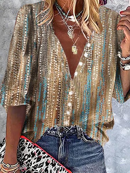 

Color Block V Neck Casual Blouse, Multicolor, Shirts & Blouses