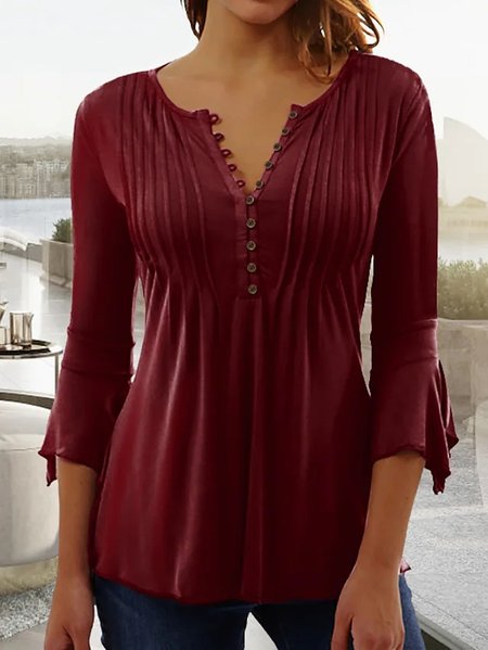

Women Basic V Neck Buttoned Casual Plain Flowy Three Quarter Sleeve Ruched Tunic Top, Wine red, Tunics