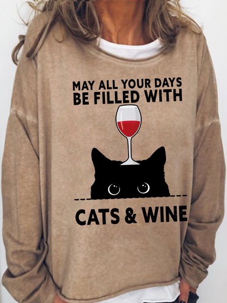 

Women's May All Your Days Be Filled Cats & Wine Casual Crew Neck Sweatshirt, Light brown, Hoodies&Sweatshirts