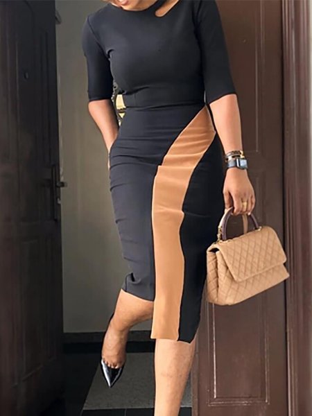 

Elegant Color Block Irregular Half Sleeve Dress, Black, Midi Dresses