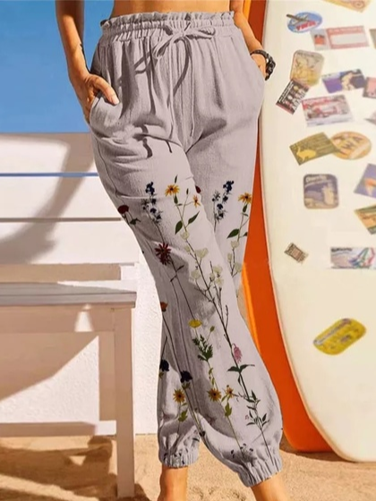 

Floral Casual Ankle Banded Pants, Gray, Pants