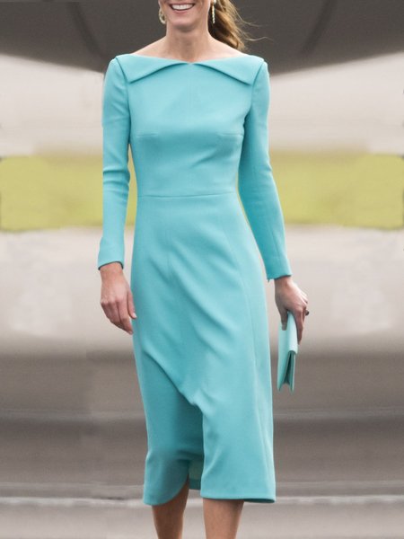 

Elegant Boat Neck Long Sleeve Dress, Blue, Midi Dresses