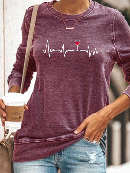

Womens Wine Heartbeat Print Crew Neck Sweatshirt, Red, Hoodies&Sweatshirts
