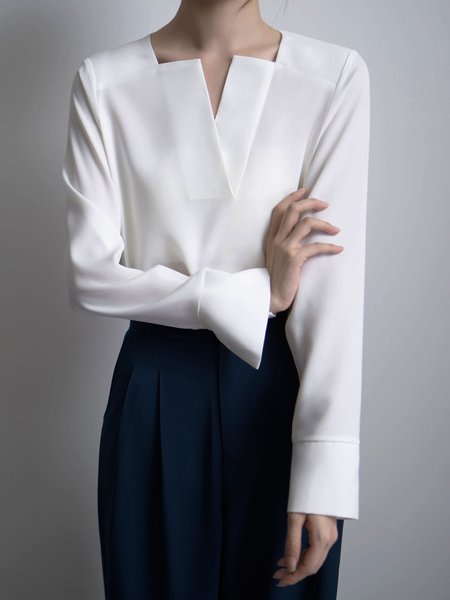 

White Daily Long sleeve Plain V Neck Simple Blouse, Blouses and Shirts
