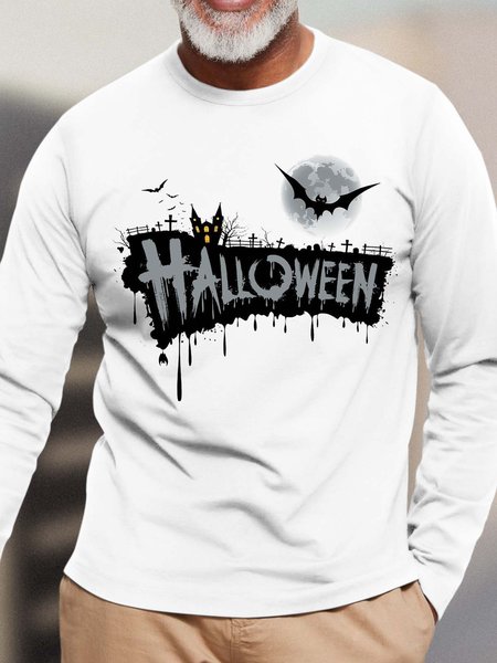 

Men Halloween Bats Letter Loose Casual Crew Neck T-Shirt, White, Long Sleeves