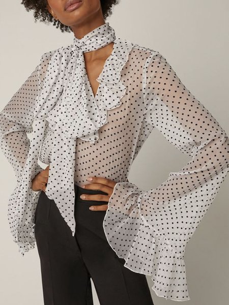 

Long sleeve Polka Dots Elegant Lotus Leaf Collar Blouse, White, Blouses and Shirts