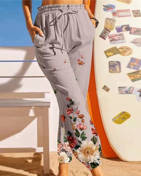 

Loose Floral Casual Pants, Gray, Pants